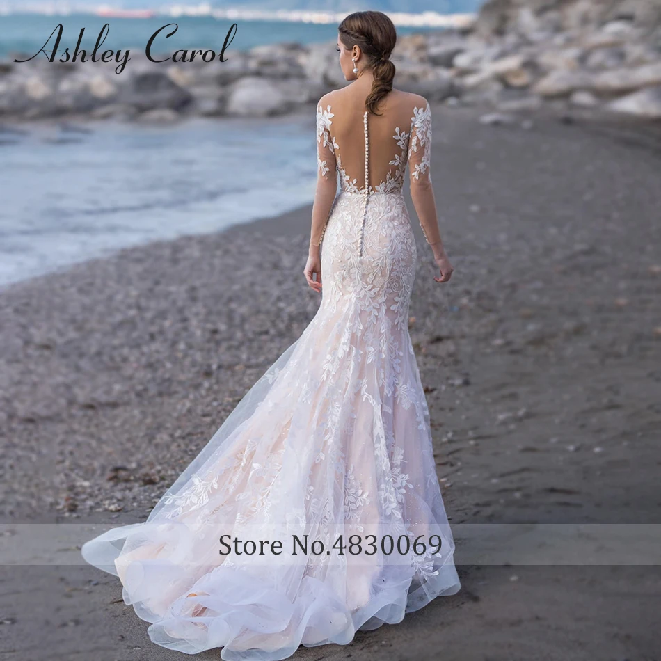Ashley Carol Mermaid Wedding Dress Romantic Backless Appliques Long Sleeve Sweetheart Beach Bridal Gown Vestidos De Novia 2
