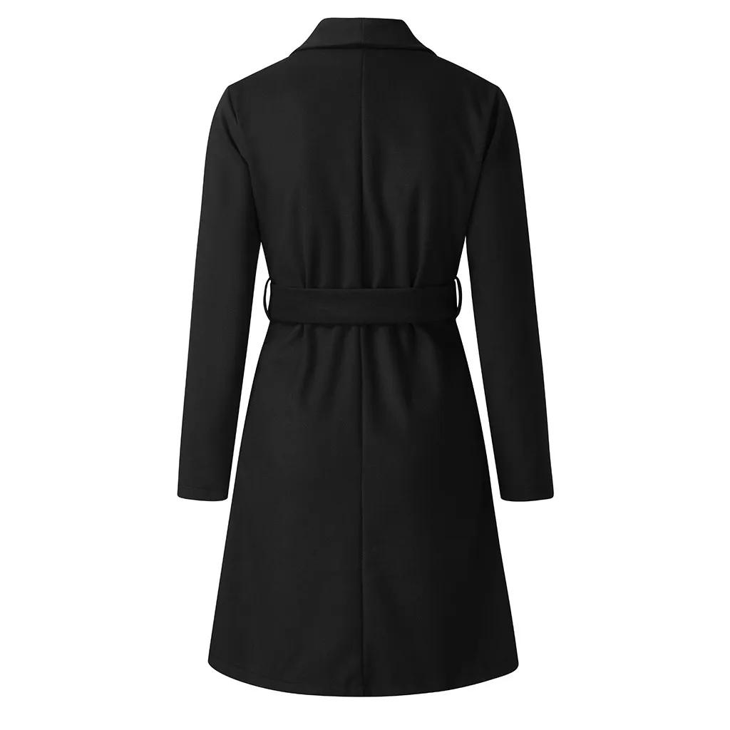 Женское шерстяное пальто размера плюс осень зима модное винтажное элегантное одноцветное пальто с отворотом и поясом кашемировое шерстяное зимнее пальто
