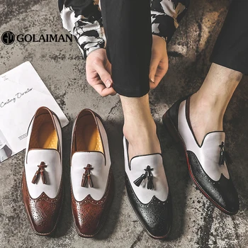 

GOLAOMAN 2020 Fashion Men Dress Shoes Business Leather Pointed Buckle Formal Shoes Male Party Wedding Footwear Lace Up