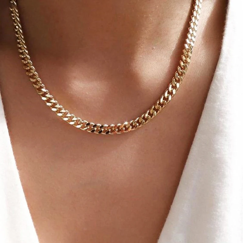 Vnox Cuban Chain Necklace for Men Women, Basic Punk Stainless Steel Curb Link Chain Chokers,Vintage Gold Tone Solid Metal Collar