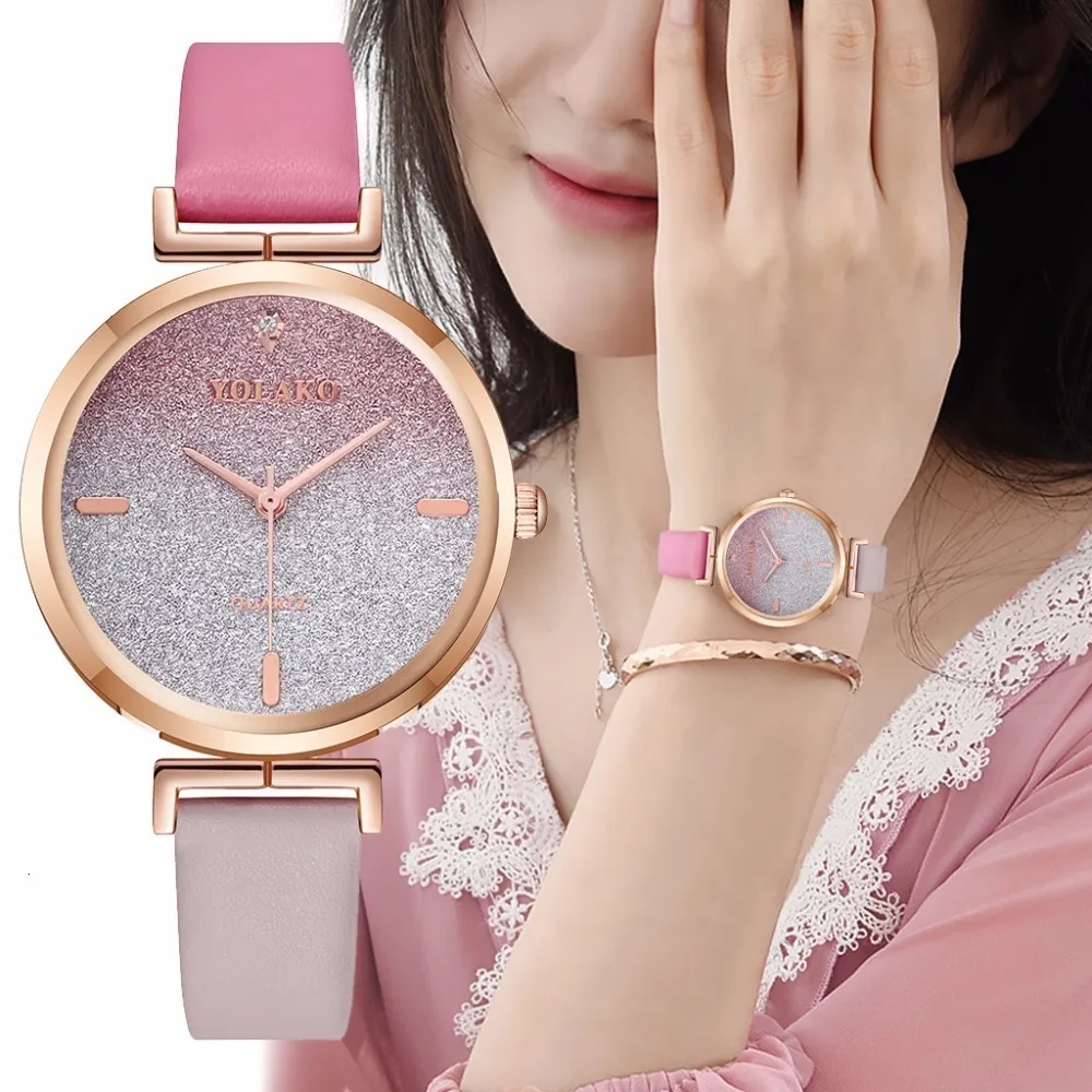 

Women Leather Gradient Starry Sky Dial Watch Casual Luxury Ladies Quartz Watches YOLAKO Clock Relogio Feminino