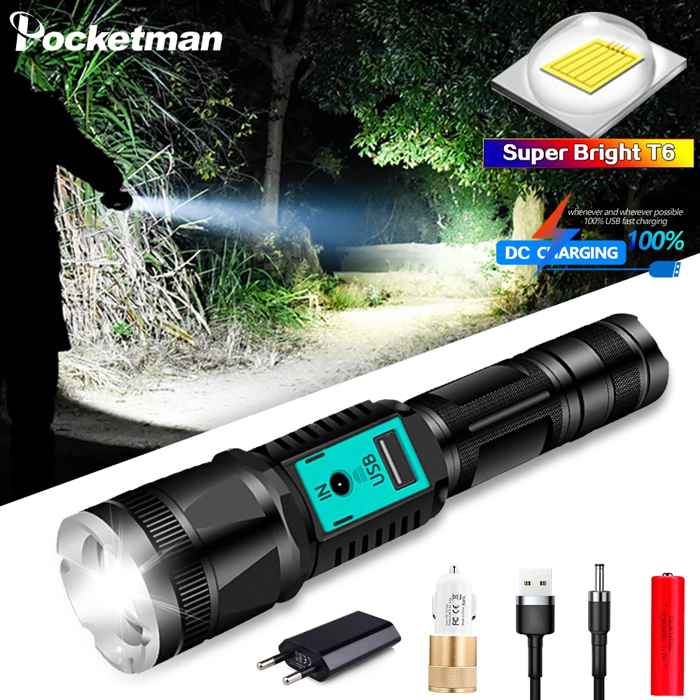 Super bright T6 LED flashlight tactical torch waterproof zoom DC charging lantern uses 18650 battery for best lighting outdoor | Лампы и