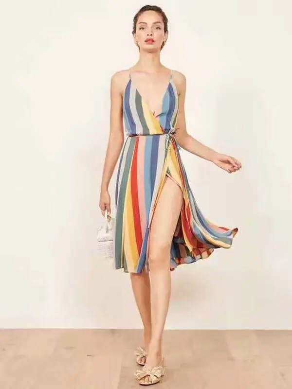 

Europe And America 2019 Spring New Style WOMEN'S Dress Versitile Fashion Slimming Solid Bandage Cloth Rainbow Wrap-Strapped Dres