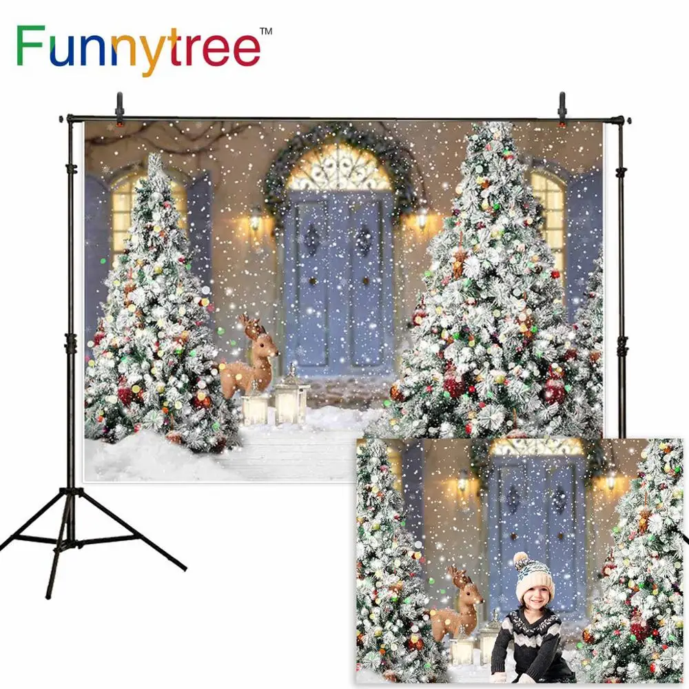 Funnytree photographic background winter Christmas reindeer light snow door Real studio photo backdrops photophone photocall