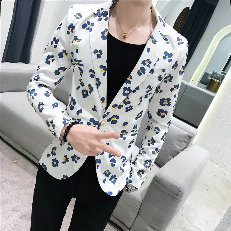 2019 Autumn Men's Fashion Floral Small Suit Men's Slim Nightclub Hair Stylist blazer Men's Single Button Casual Suit Jacket