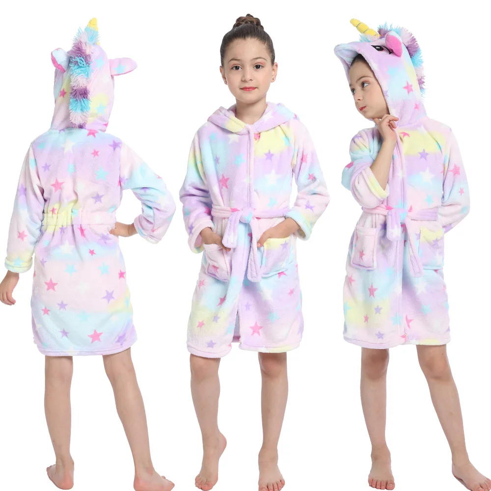 Girl Robes for Kids Winter Bathrobe Unicorn Pajamas Rainbow Pink Purple Sleepwear Girl's Dressing Gown Flannel Hooded Towel Robe baby robe and slippers