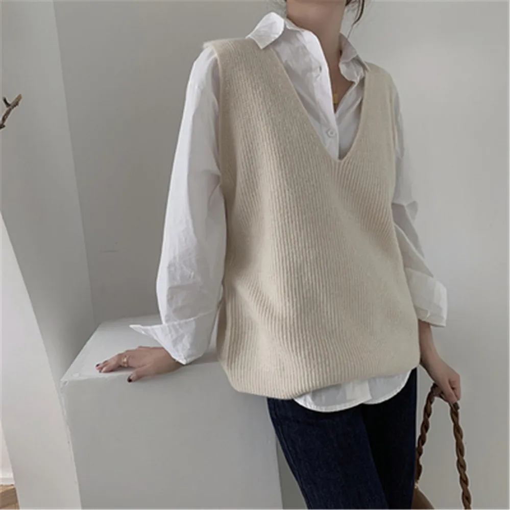 Women Autumn Korean Style Casual V Neck Knitted Sweater Vest