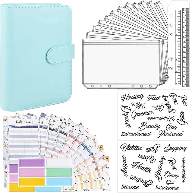 15 Pieces Binder Budget Planner Cash Envelope Binder with Budget Envelopes A6 Binder Pockets Cash Envelope Wallet for Budgeting Blue--29pcs