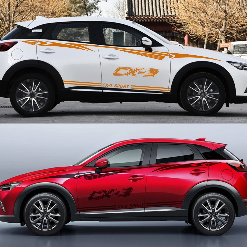 2 шт., автомобильные боковые наклейки для Mazda CX-3, автомобильные гоночные спортивные полосы, наклейки, водонепроницаемый стиль, виниловые украшения, тюнинг, автомобильные аксессуары