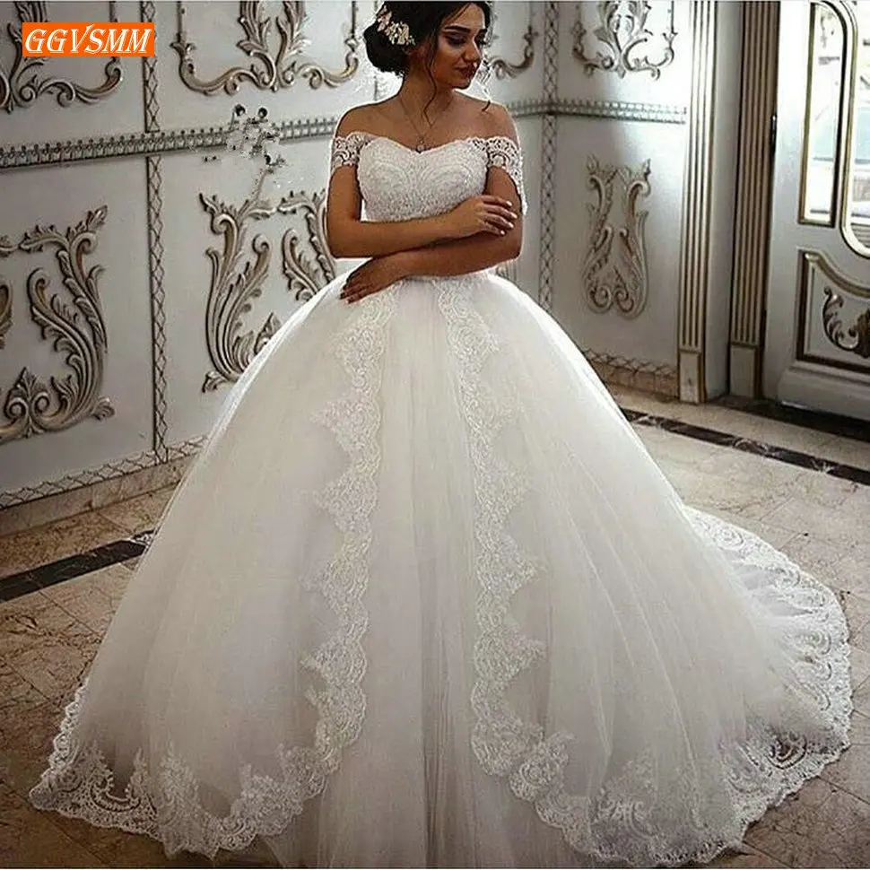 

Delicate White Ball Gown Wedding Dresses Off Sleeve Lace Applique Ivory Wedding Gowns Sweetheart Tulle Sweep Train Bridal Dress