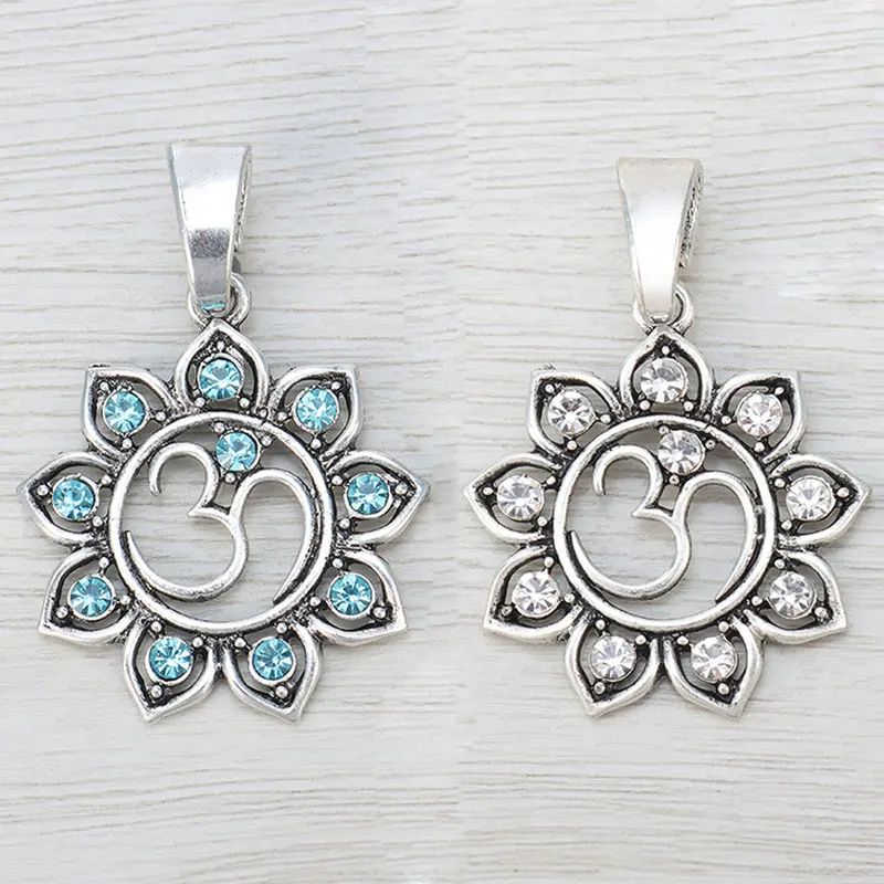 

4 x Tibetan Silver Color OM AUM Rhinestone Yoga Lotus Flower Charms Pendants for DIY Necklace Jewelry Making Accessories 52x36mm