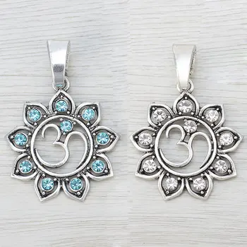 

10 x Antique Silver Color OM AUM Rhinestone Yoga Lotus Flower Charms Pendants for Necklace Jewelry Making 52x36mm