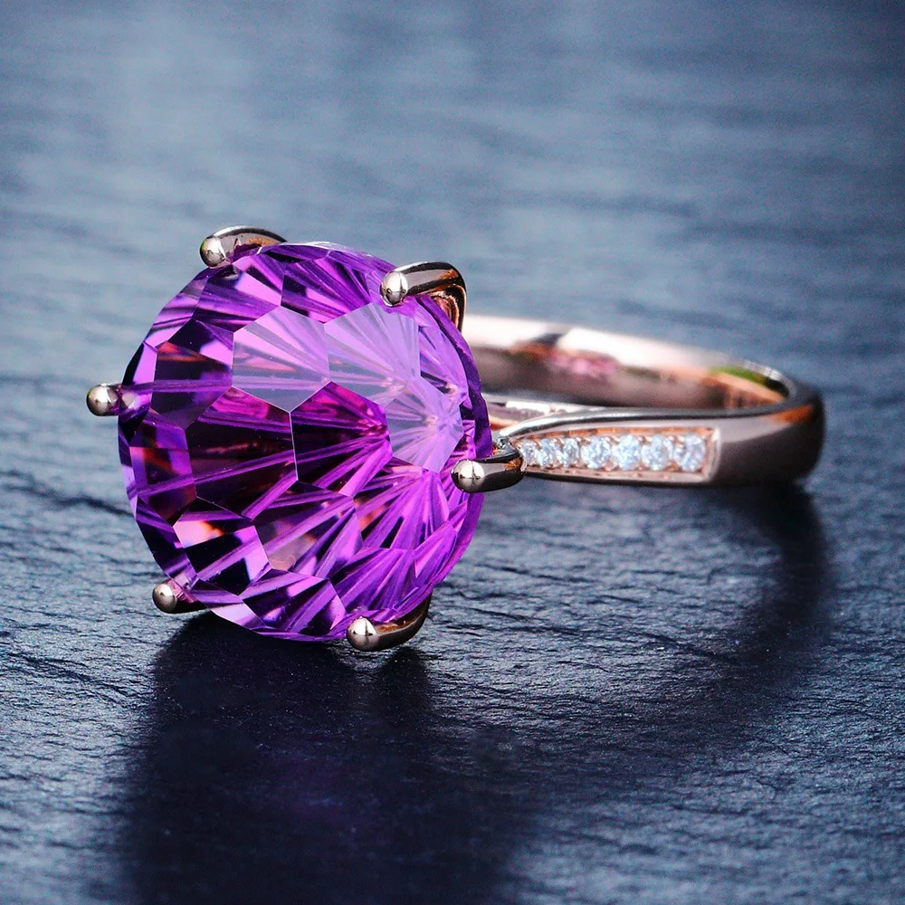 Натуральный аметистовый драгоченный камень кольца для женщин розовое золото 925 пробы Серебряное кольцо с бриллиантом фиолетовый драгоценный камень ювелирные украшения палец кольцо