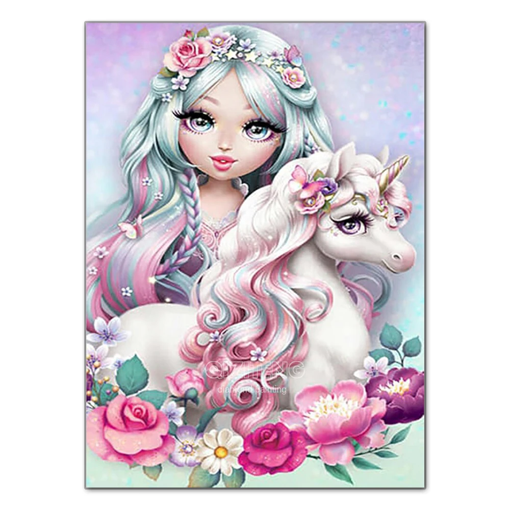 5D Diy Diamond Painting Cartoon Girl Full of Diamond Magic Unicorn Rhinestone Mosaic Handmade Children's Room Home Decoration