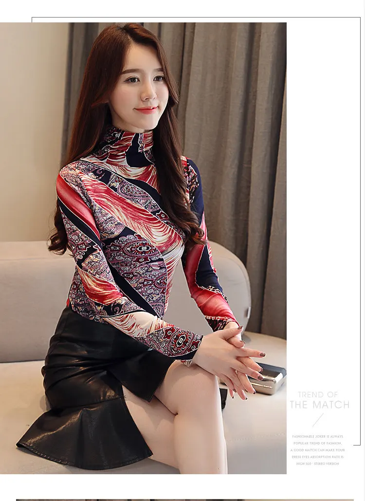 2019 New Winter Turtleneck Blouse Women Vintage Print Tops Female Casual Plus Size Shirt Femme Elegant Long Sleeve Blusas Mujer  (4)