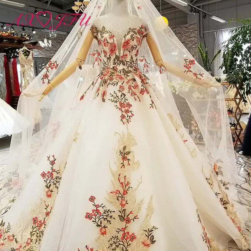 Vestido De Novia Axjfu De Lujo Con Cuentas De Princesa Dorado Rojo Transparente Con Flores De Encaje Blanco Vestido De Novia Bordado Con Cuello Redondo Vintage 6641 Aliexpress