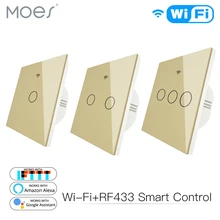WiFi Smart Glass Panel Switch Tuya App Remote Control Work With Alexa Echo Google Home RF433 EU Type Gold Touch 1/2/3 Gang sonoff eu smart wifi wall touch light switch 1 2 gang touch wifi rf433 app remote smart home controller work with alexa google