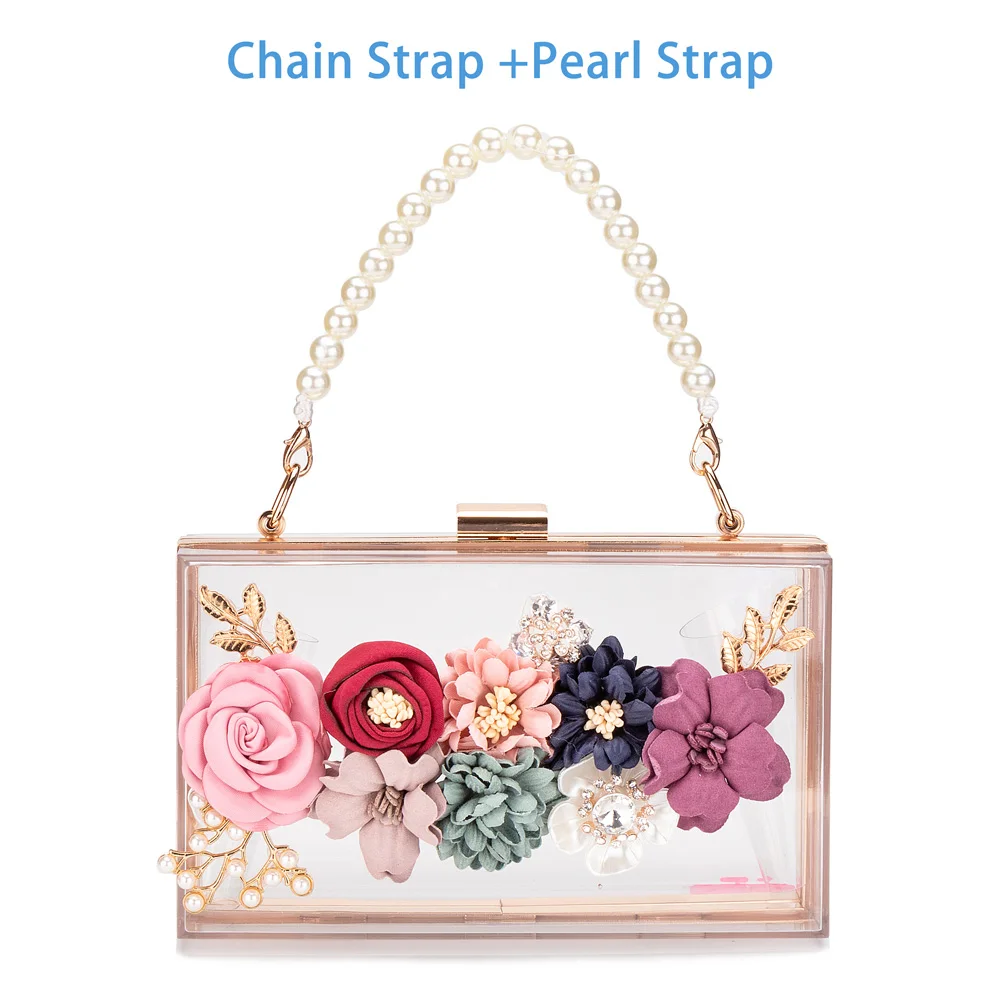 GoldWithPearlChain Женский акриловый цветочный клатч, Сумочка через плечо, вечерние сумки, ремешок на цепочке для свадьбы, выпускного, банкета, идеальный подарок, Золотая рамка - Цвет: GoldWithPearlChain