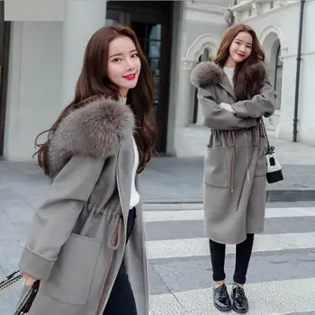 

Big fur collar Casual Loose Long Woolen Winter Coats Zipper Hooded Wool Coat and Jacket Sashes Pockets Solid Ladies Coats XL