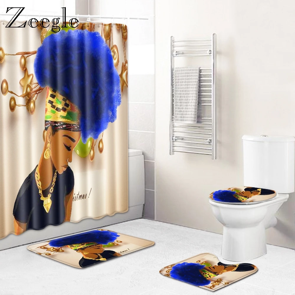 Zeegle Christmas Bathroom Decoration Shower Curtain Toilet Pad Cover Bath Rug Printed Cartoon Toilet Mat Water Absorption Rug