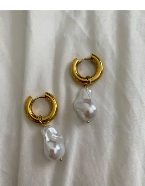Titanium with 18K Gold Geo Faux Baroque Pearl Drop Earrings