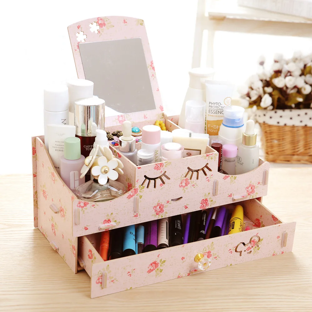 

Find Shor Manufacturers 76 New Style Desktop Wood Cosmetic Box with Dressing Mirror Drawer Layered Wooden Storage Box