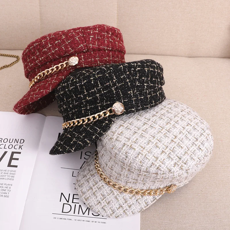 Skup JOLLQUE Simple Women Wool Beret for Elegant Lady Winter Hats Female Cotton Plaid Vintage Octagonal Casual Boina Autumn Girl Cap