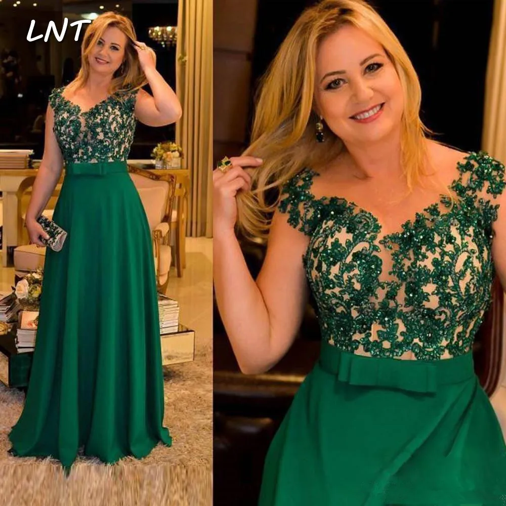 Sheer Hals Kapmouwtjes Dark Green Lange Avondjurken Moeder van Bruid Bruidegom Bruiloft Gast Jurken Sheer Hals Kapmouwtjes Dark Green Lange Avondjurken Moeder van Bruid Bruidegom Bruiloft Gast Jurken