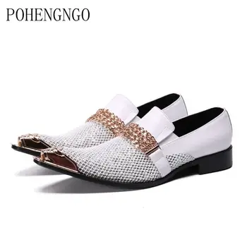 

luxury White Men Wedding Shoes fashion Gold chain design Genuine Leather Dress loafers Party Casual Men Suit Office shoes