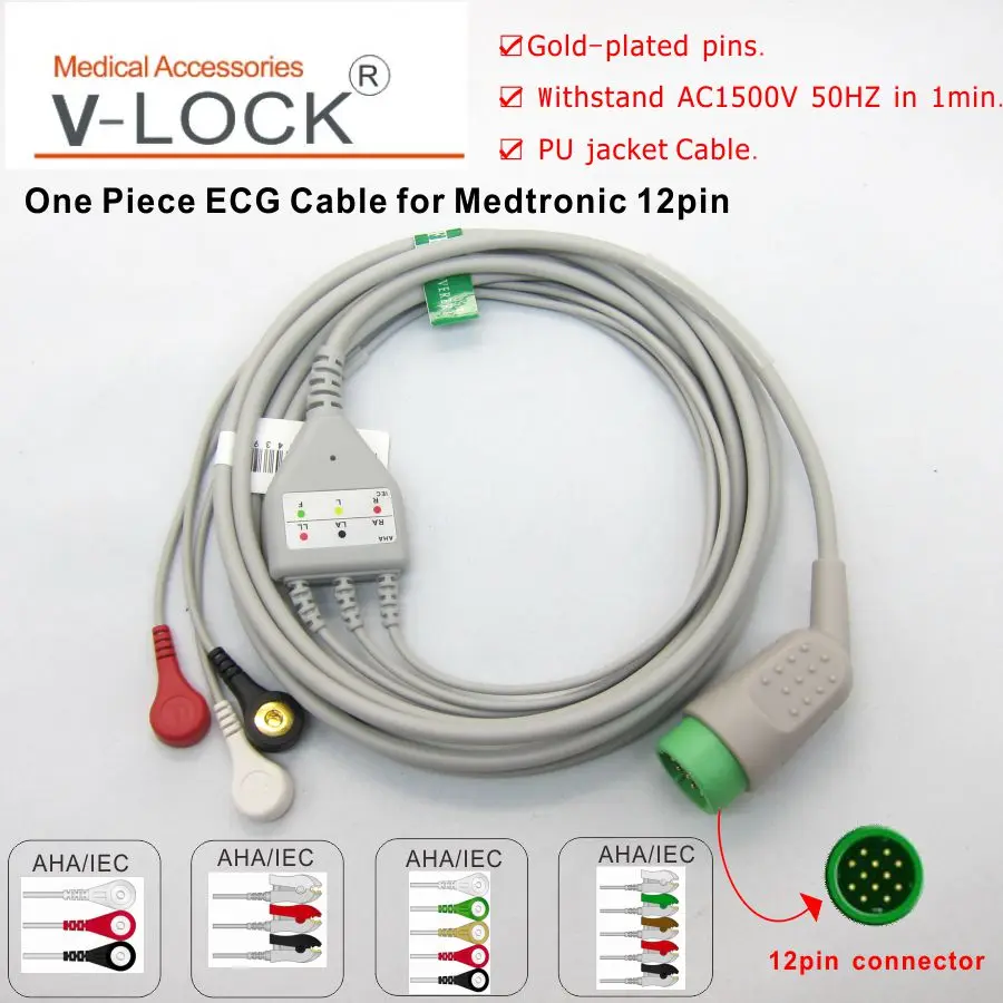 

One-piece ECG cable with 3leads,snap for Medtronic 12pin patient monitor