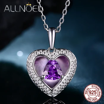 

ALLNOEL 925 Sterling Silver Amethyst Necklace For Women Heart Charms White Gold 45cm Choker Necklace Pendant Wedding Jewelry