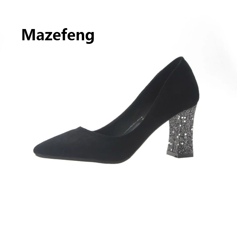 

Fashion 2018 New Spring Women High-heeled Shoes Solid Women Flock Pumps Slip-on Ladies Dress Shoes Square Heel Pointed Toe