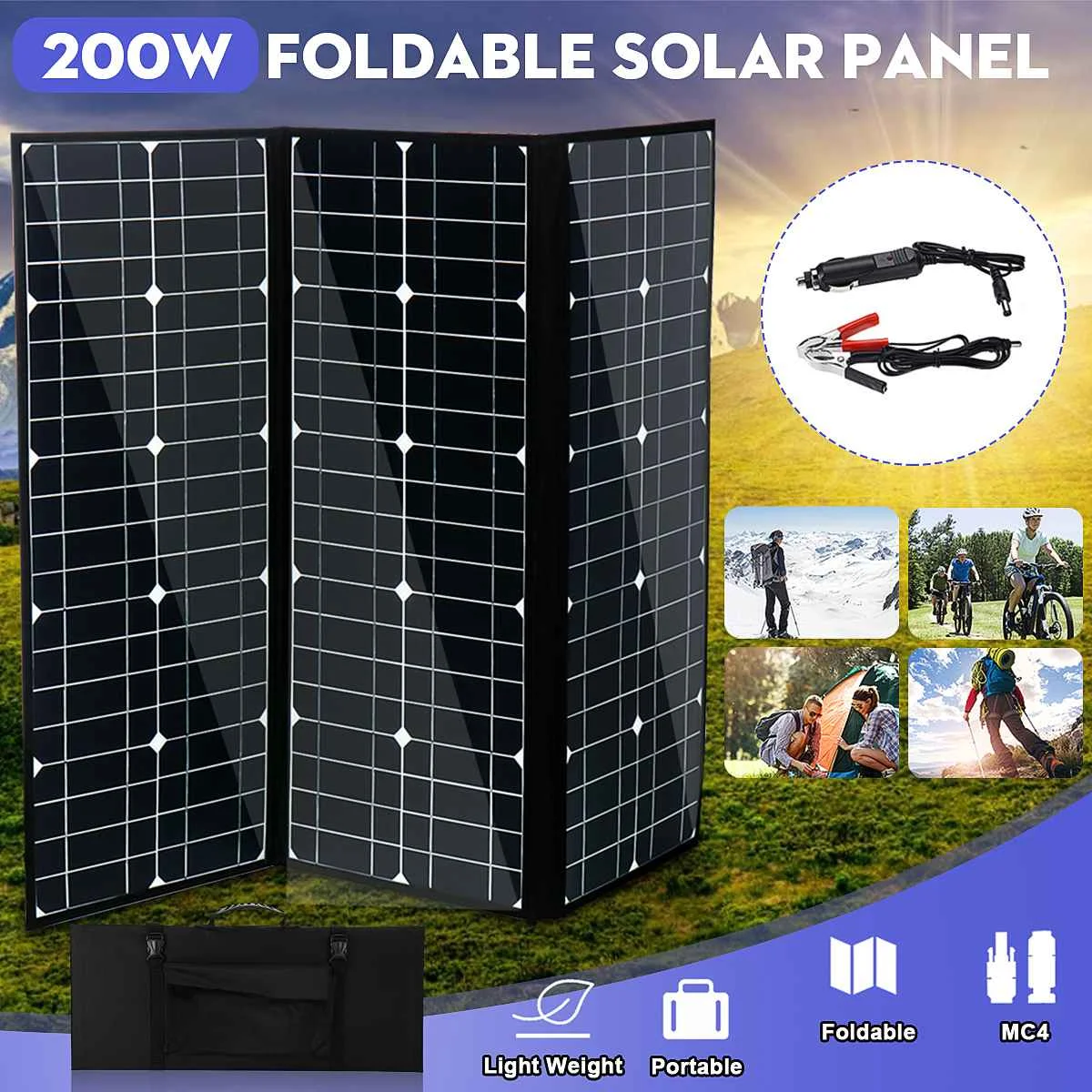 

Foldable 200W 18V Solar Panel Portable Monocrystalline Solar Cells with 5V USB DC Port For Camping Travel Car Battery Waterproof