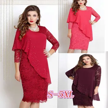 

BGW Elegant Solid Color O-Neck 3/4 Sleeve Red Cocktail Dress Split Joint Chiffon Lace Mother Of Bride Dress For Wedding Mom Gift