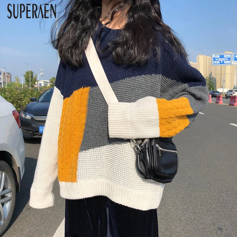 SuperAen новые осенние пуловеры свитера женские дикие повседневные Модные женксие кофты v-образный вырез Круглый воротник вязаные топы женские