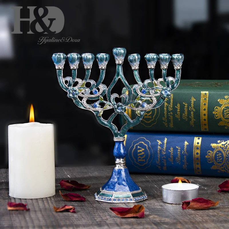 H&D, ручная роспись, эмалированный канделябр Menorah, украшенный синими кристаллами, иудаизм, подсвечники Chanukah, 9 веток канделябры