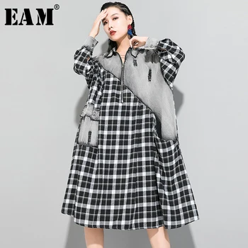 

[EAM] Women Black Denim Plaid Split Big Size Dress New Lapel Long Sleeve Loose Fit Fashion Tide Spring Autumn 2020 1R656