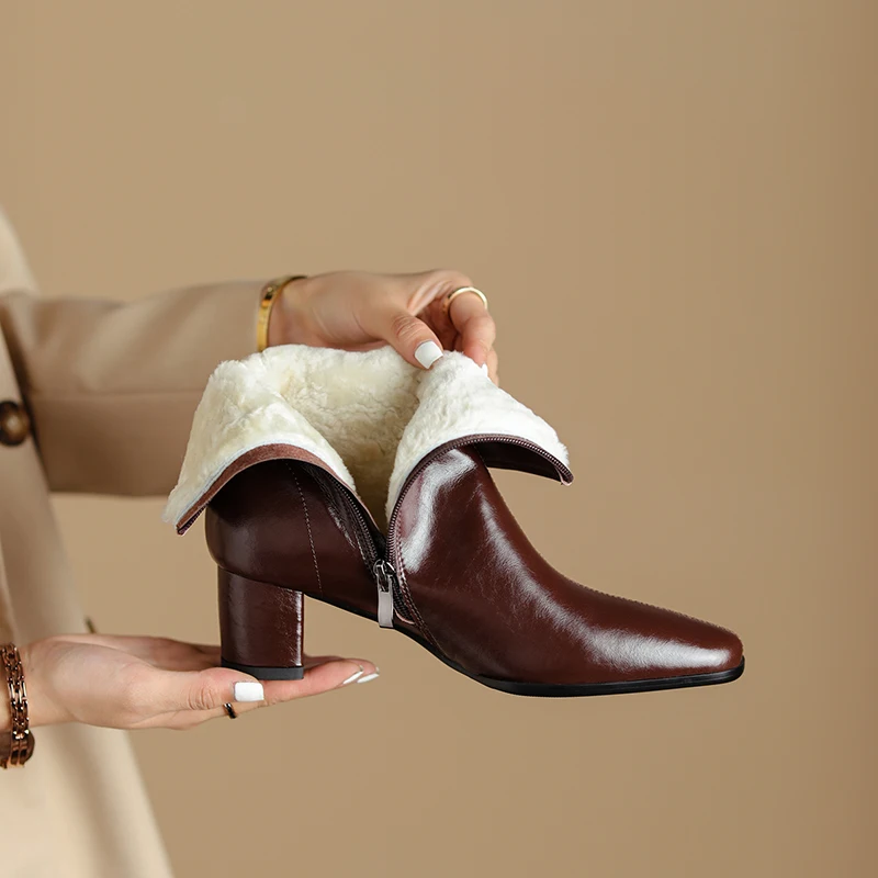 

QZYERAI 2021 New Winter Woman Ankle Wool Boots Ladies Genuine Leather Snow Boots High Heeled Fashion Boots Really Shoes