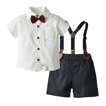 

2020 Boys Summer Clothes Set Kids Birthday Wedding Baptism Boy Outfits Toddler Cotton Shirt +Bowtie +Suspenders Pants Gentleman