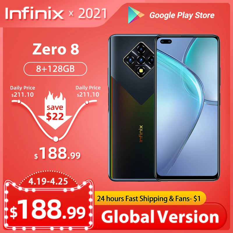 Infinix-teléfono inteligente Zero 8, versión Global, 8GB, 128GB, 6,85 pulgadas, FHD, 90Hz, pantalla completa, cámara cuádruple de 64MP, batería de 4500mAh, cargador de 33W