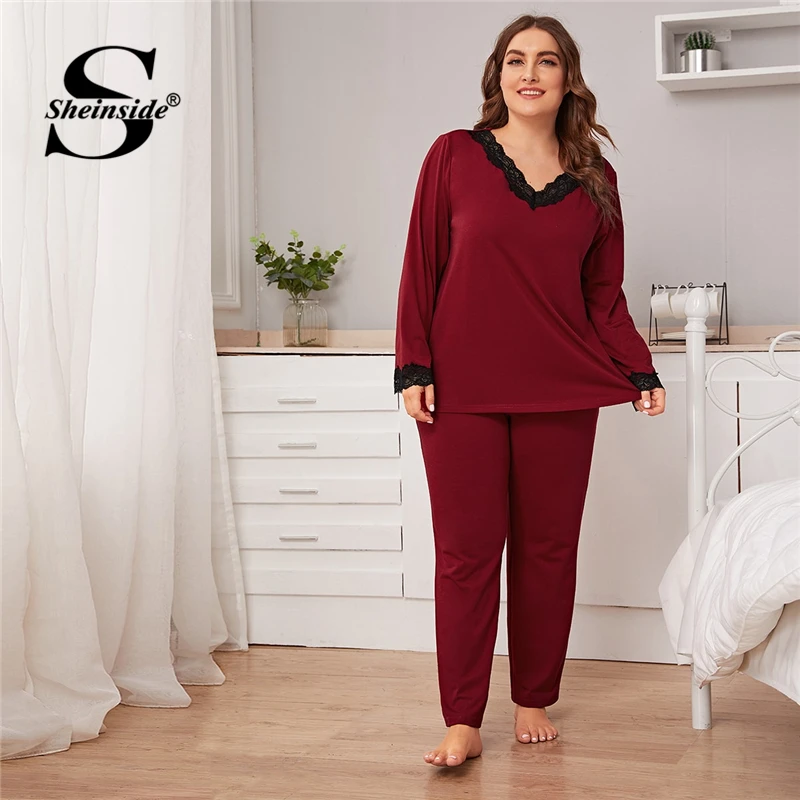 

Sheinside Plus Size Contrast Lace Trim V Neck Top And Pants Loungewear Women 2020 Spring Burgundy Ladies Casual Pajama Sets