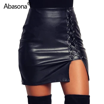 

Abasona Black High Waist Leather Pencil Skirt Women Zip Lace Up Slit Plus Size Tight Streetwear Sexy Bodycon Mini Skirts Womens