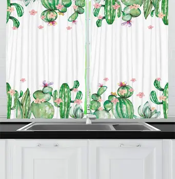 

Cactus Decor Curtains Living Room Bedroom Green Coral Lavender Window Drapes for Kitchen Mexico Style Romantic Tender Blossoms a