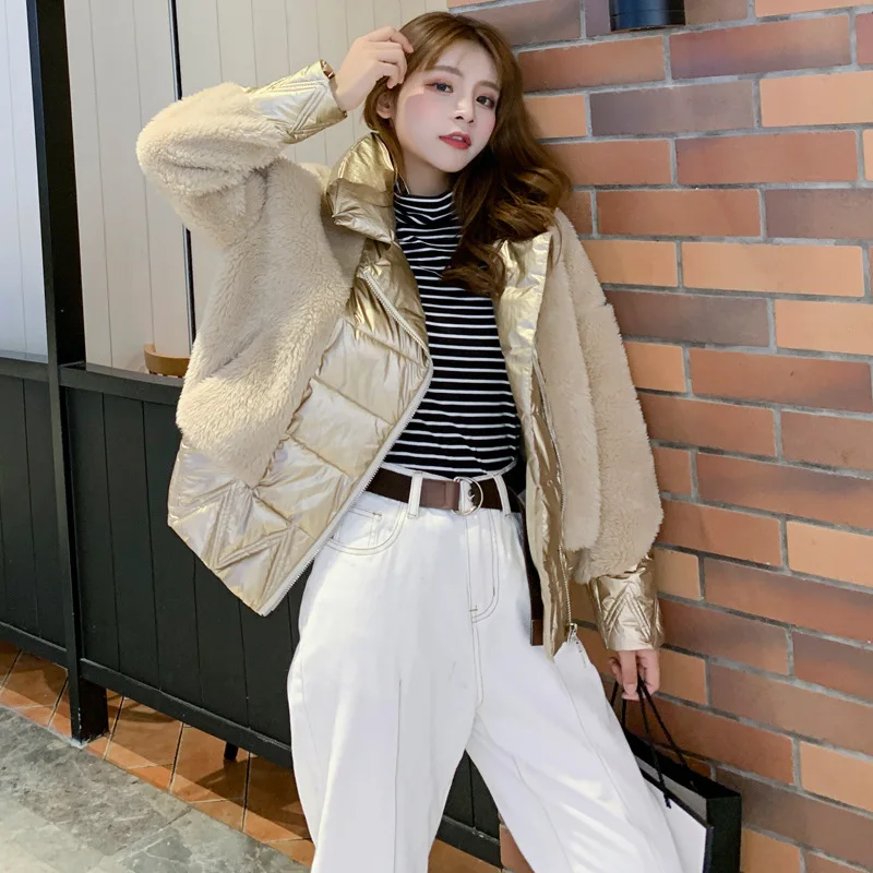 

2019 Winter New Style Bright Surface Joint Lambs Wool Short Fur Thick ke li rong Locomotive Cotton Coat Cotton-padded Clothes Wo