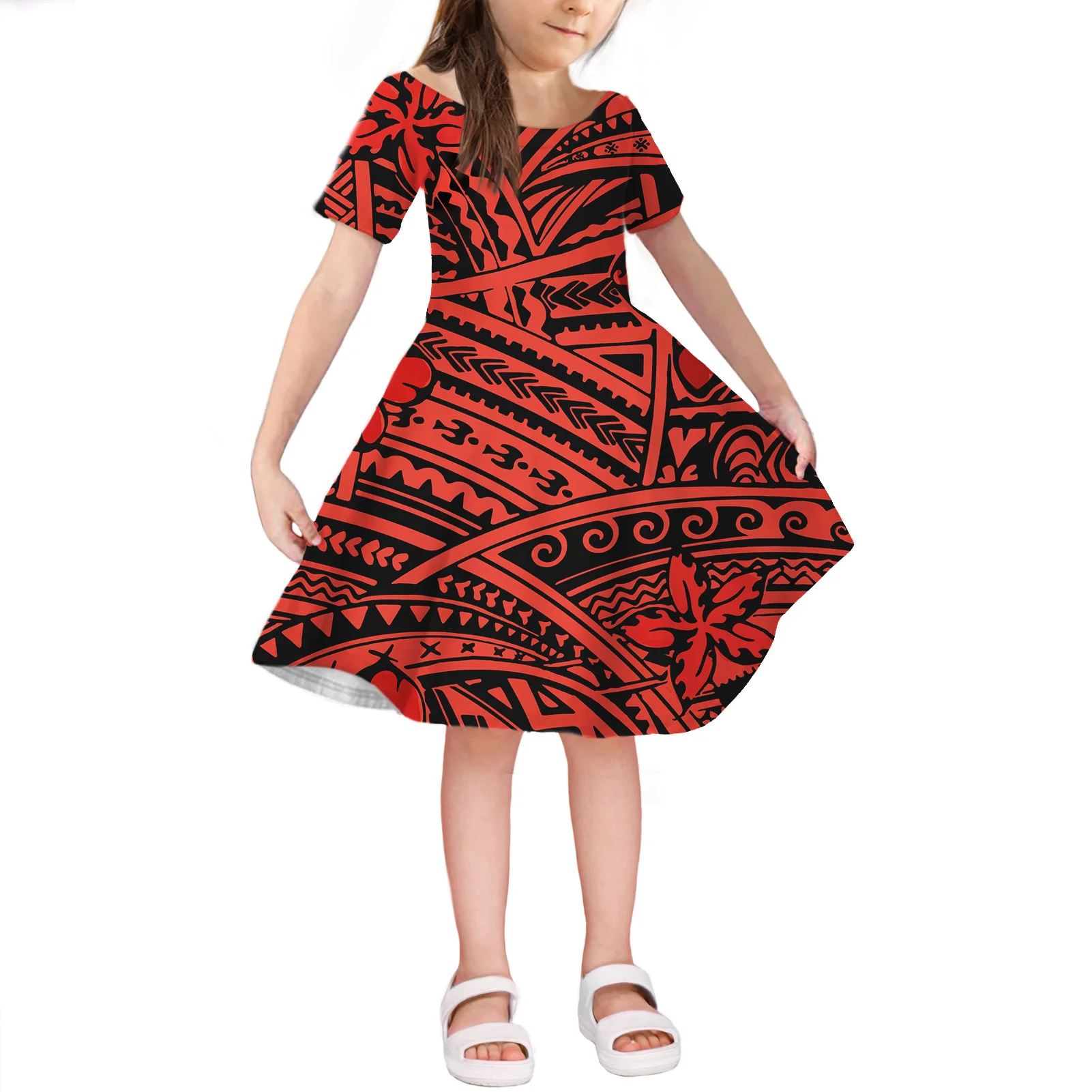 

Summer 2022 New Fashion Samoa Tribal Dress Girls Skirts Printed On Demand O Collar Short Sleeve Comfortable Girls Pompous Skirt