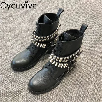 

New Rivets Studded Metal Decorat Ankle Boots For Women Black Leather Lace Up Motorcycle boots Square heel Chelsea women Boots
