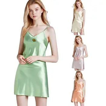 

Women Silky Sexy Slip Nightdress Sleeveless Nightgown Fruit Embroidery Sleepwear