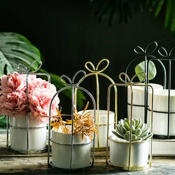 

Electroplating Iron Art Hollowed Out Potted Hydroponic Plants Home Furnishing Decoration Ceramic Flower Pot Stand