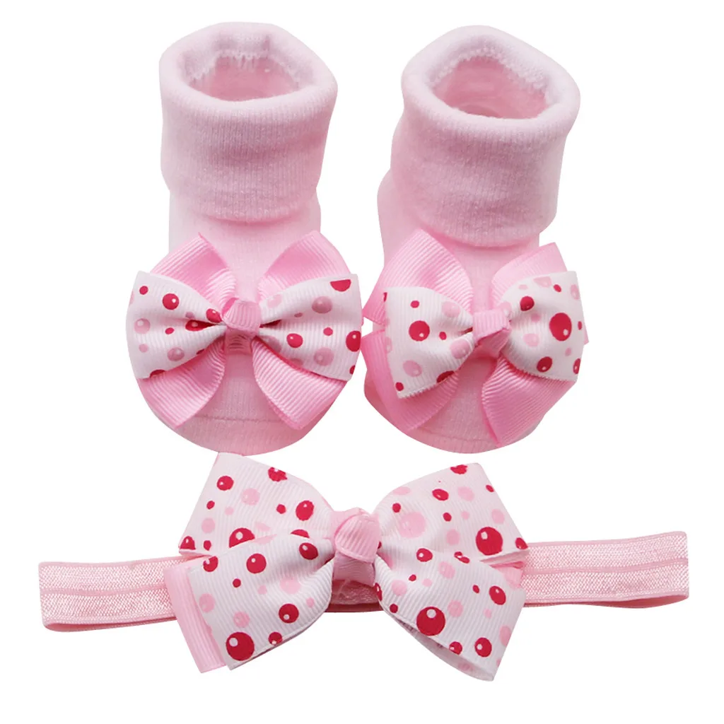 Носки для малышей и 1 шт., пояс для волос для малышей, г., модные носки с бантом для маленьких девочек повязка на голову, нескользящие носки с оборками recien nacido - Цвет: Pink