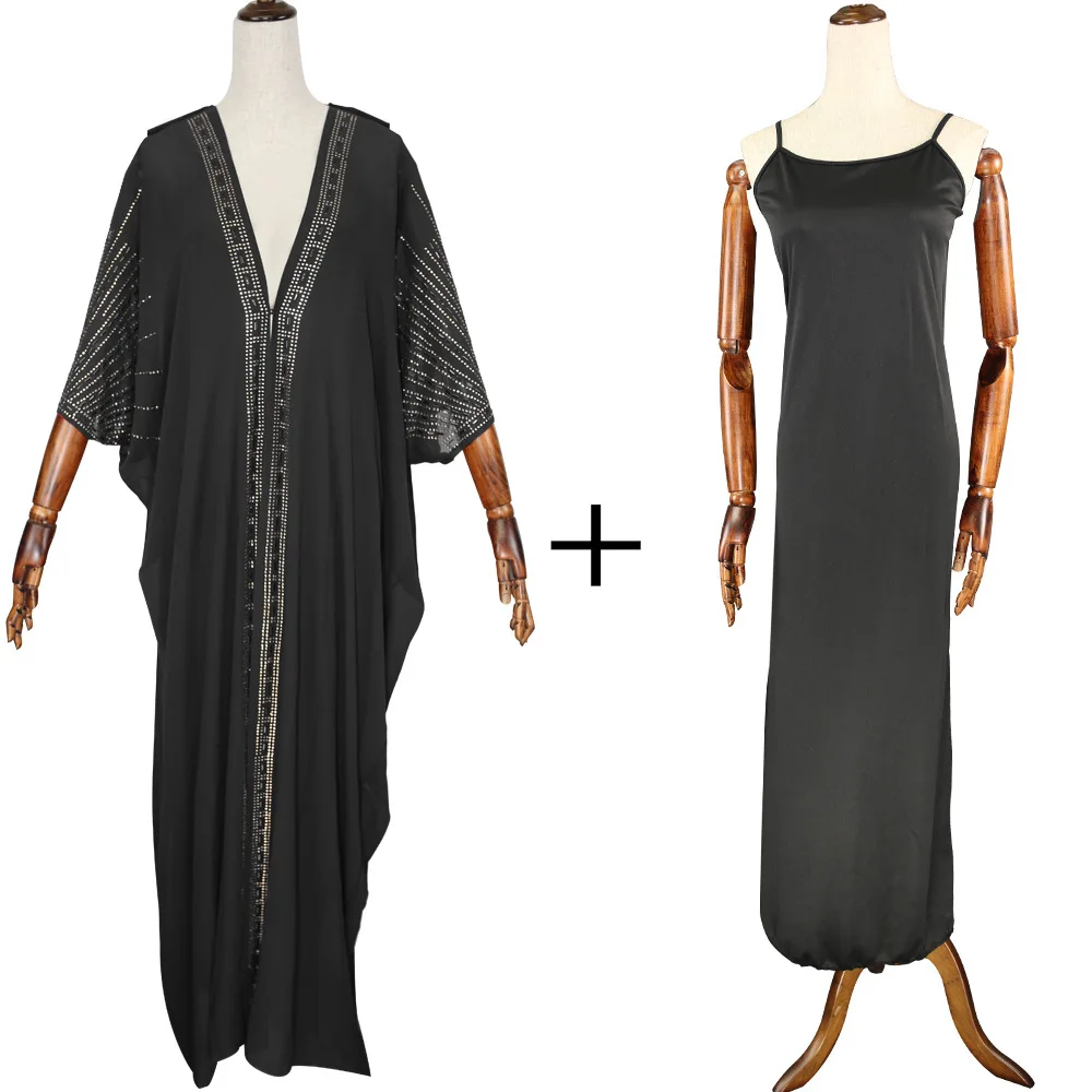 Длина 140 см, африканские платья для женщин, африканская одежда, мусульманское длинное платье, высокое качество, модное Африканское платье для леди - Цвет: Black 2pcs set